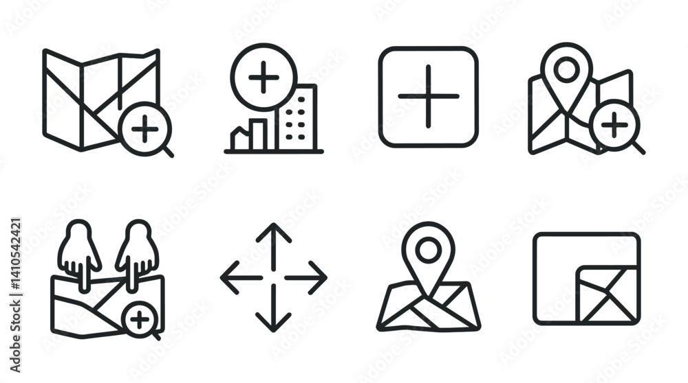 Poster outline vector icons of digital map features: zoom in, zoom out, satellite view, map layers, street 