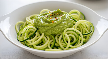 Zucchini Noodles Served With Creamy Avocado Sauce In White Bowl