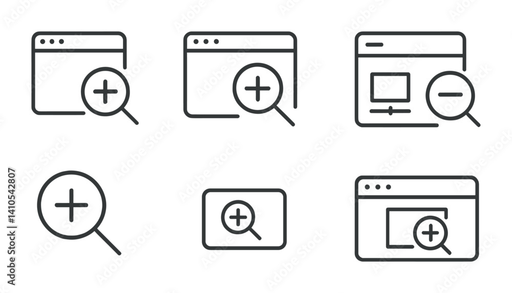 Poster outline vector icons of browser zoom: zoom tab, browser magnify, page scale, zoom menu bar, zoom ico
