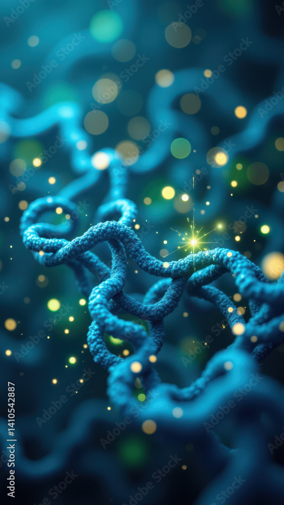 Poster molecular structure of a glp-1 agonist with glowing spheres representing bonds within the peptide.