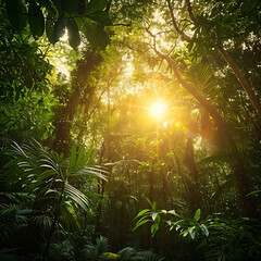 Obraz premium Lush green tropical rainforest jungle interior with sunbeams piercing through the dense canopy foliage. Represents nature, wilderness, environment, and growth. 
