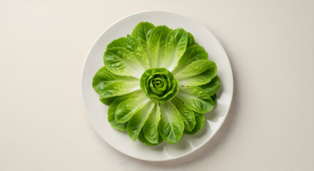 Fresh Romaine Lettuce Heart Arranged Like a Flower on White Plate