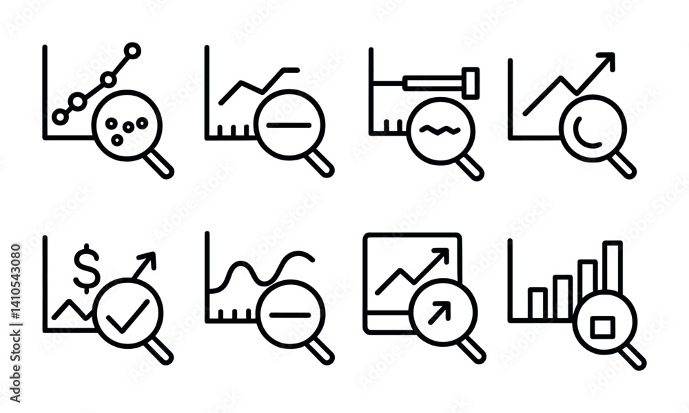 Poster outline vector icons of zoom on charts: zoom graph, zoom bar chart, chart section, data magnifier, h