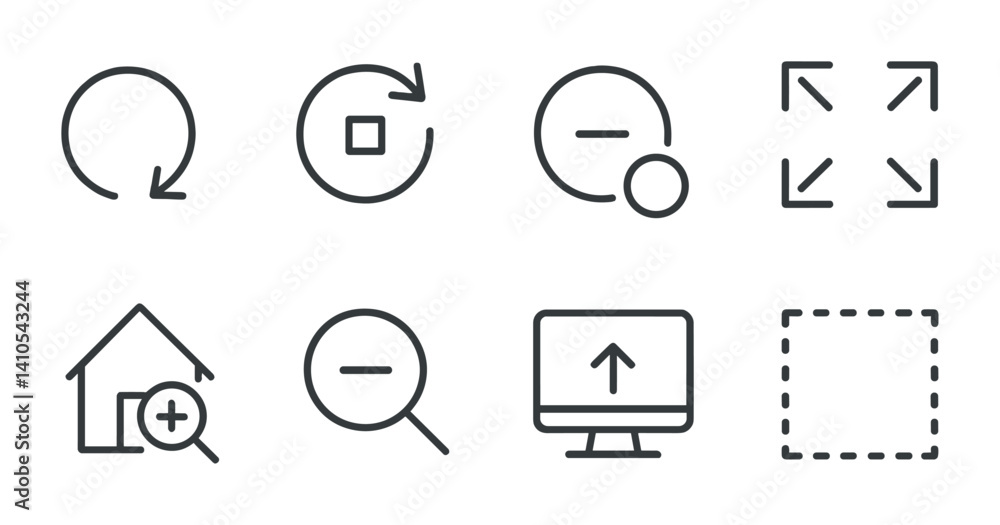 Poster outline vector icons of map interface tools: draw route, measure distance, area selector, layer togg