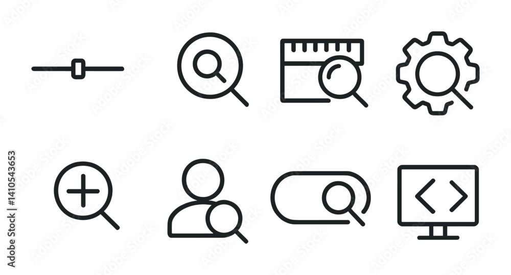 Poster outline vector icons of mobile camera ui: shutter circle, zoom slider, settings gear, portrait toggl