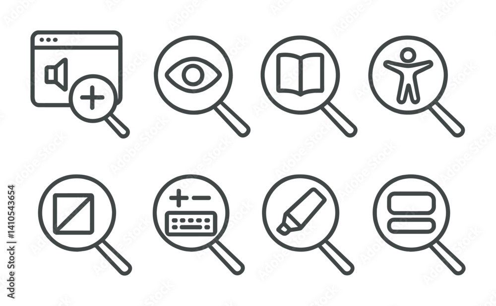 Poster outline vector icons of accessibility tools: font size toggle, contrast mode, screen reader icon, sk