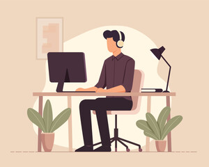 young man working on computer, working from home concept flat illustration