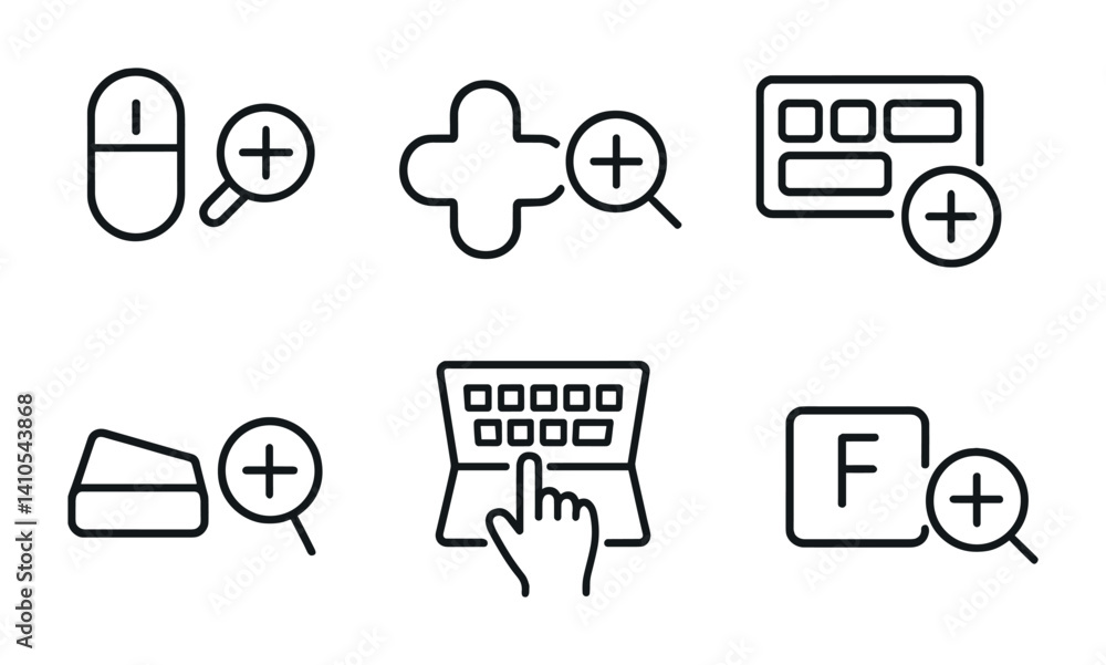 Aufkleber outline vector icons of browser zoom: zoom tab, browser magnify, page scale, zoom menu bar, zoom ico