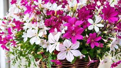 Naklejka premium Elegant White and Magenta Flowers in Hanging Basket