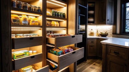 Minimalist pantry with pull-out drawers and LED strips 