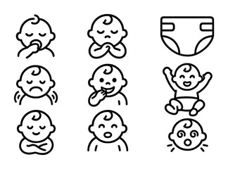 Fototapeta premium outline vector icons of baby signals: hungry sign, sleepy sign, wet diaper, fussy baby, teething icon, playtime, cuddle needed, overstimulated. set of line style icons in a modern, minimalist design.