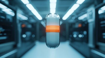 A futuristic, floating capsule with an orange band, set against a high-tech background, symbolizing innovation in medicine or technology.