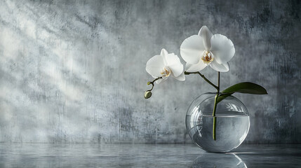 Elegant white orchids in a glass vase against a textured backdrop. © Muhammad