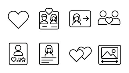 outline vector icons of digital love: heart app icon, heart notification, love message alert, digital heart, dating app, swipe heart, heart chat, emoji with heart eyes. set of line style icons in a