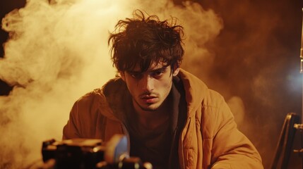 A contemplative young man looks intently into the distance