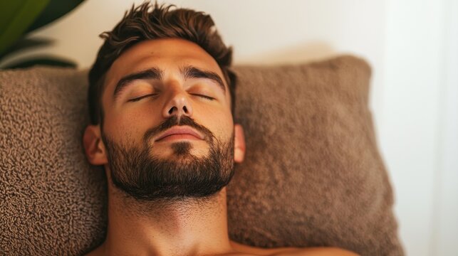 A serene man resting with eyes closed, exuding relaxation and tranquility on a soft pillow surrounded by a peaceful environment.
