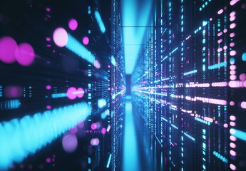 Vibrant 3D rendering of a futuristic data corridor with glowing pink and blue lights, symbolizing high-speed digital transmission, cloud systems, and advanced technology