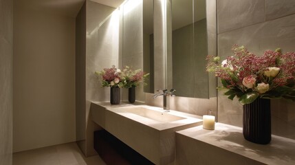 Minimalist powder room with mirror-wrapped walls