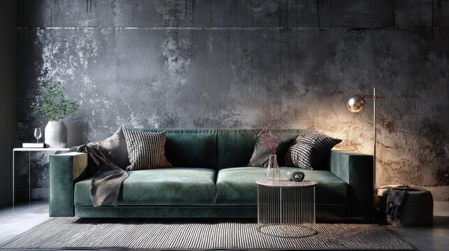 Moody interior design featuring a teal velvet sofa against a textured, dark gray wall. Soft lighting and plush throw pillows create a cozy atmosphere.