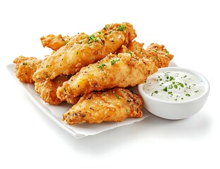 Fish chips with mayonnaise on a white background