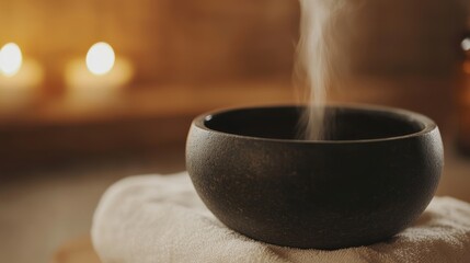 A dark bowl emits steam, resting on a soft surface, with candles softly glowing in the background, creating a tranquil and soothing atmosphere.
