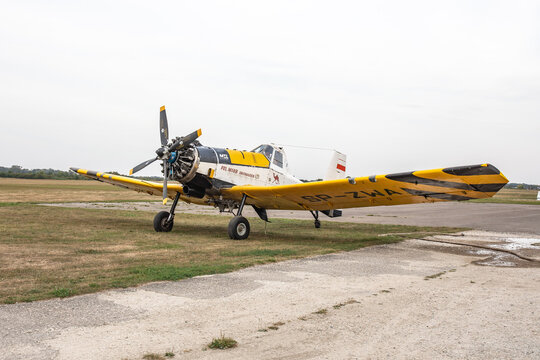 Poland, Turbia - 9 September 2024: PZL M18 Dromader SP-ZWA polish firefighting airplane during display.