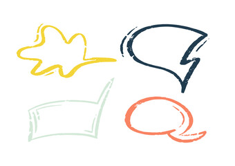 Doodle color crayon speech bubbles set. Hand drawn Vector fun dialog and thought bubbles. Marker texture with heart shaped and rounded frames. Perfect for kids designs, educational materials