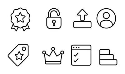 outline vector icons of profile upgrades: premium badge, unlock icon, upgrade now, profile highlight, feature tag, crown icon, exclusive features, plan tier. ine style icons in a modern, minimalist