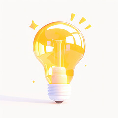 Bright yellow light bulb emitting light, white isolated background.