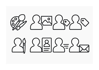 Fototapeta premium outline vector icons of music streaming: playlist icon, album cover, streaming signal, download button, queue list, liked song, artist profile, play history. ine style icons in a modern, minimalist