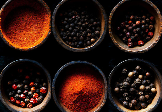 Six wooden bowls display a colorful variety of peppercorns and ground spices, ranging from black, red, and mixed pepper to vibrant paprika in fine and coarse textures.
