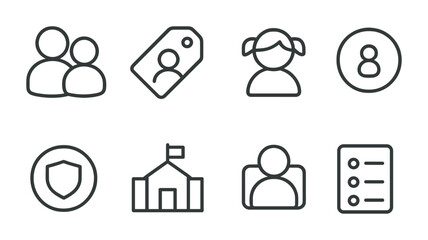 outline vector icons of child/parent profiles: family icon, parent tag, child icon, age tag, guardian info, school name, profile category, activity log. set of line style icons in a modern,