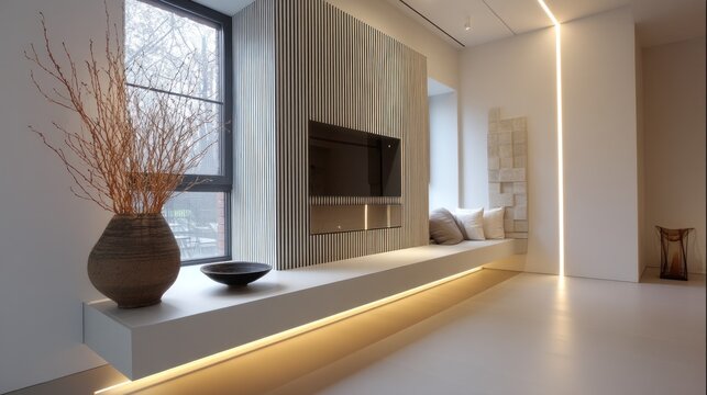 Minimalist recessed TV wall with linear LED 