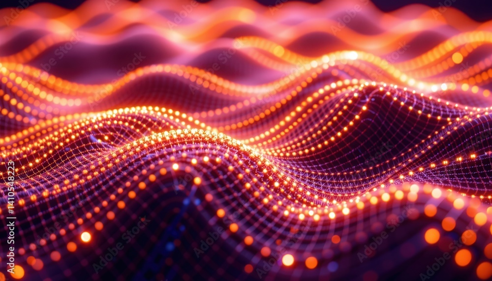 Poster vibrant abstract waves of light with glowing dots in shades of purple, orange, and red, creating a d