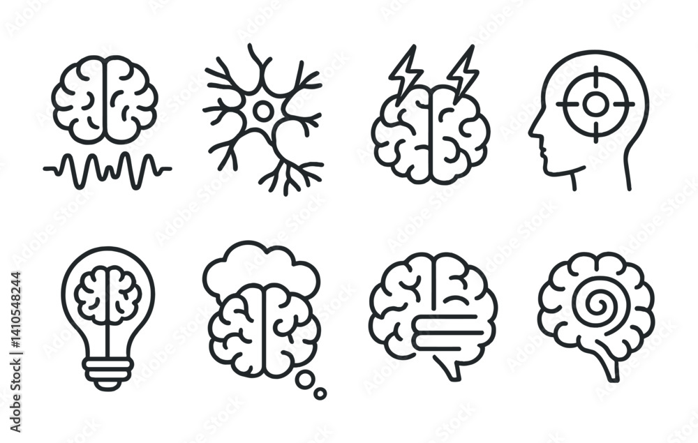 Aufkleber outline vector icons of brain activity: brainwaves, neuron firing, brain with lightning, focus signa