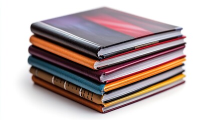 A neatly stacked pile of international business magazines featuring global trade on an immaculately white background.