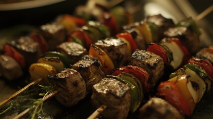 Grilled skewers of meat and vegetables ready to eat in close up