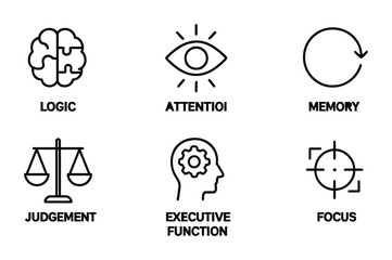 outline vector icons of cognitive processes: logic brain, perception eye, attention beam, memory loop, judgment scale, executive function, mental processing, focus icon. set of line style icons in a