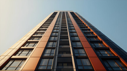Low Angle View Of Modern Multistory Building With Orange And Gray Facade