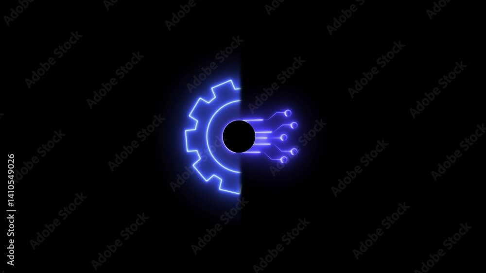 Poster neon line technology icon animation.animated line half cogwheel with digital data streaming.artifici