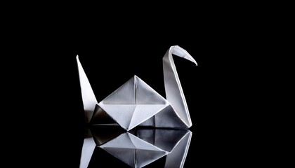 Origami swan against black background: paper craft art reflecting on surface