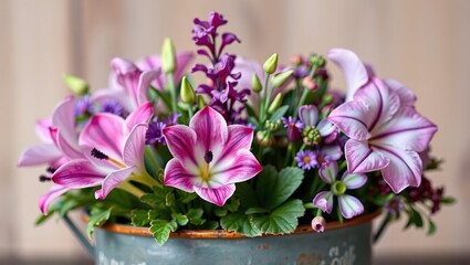 Delicate Flowers in Painted Container - Pink, Purple, and Green Squill, Myosotis, and Erodium