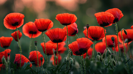Fototapeta premium A vibrant field of red poppies blossoms under the warm glow of a setting sun creating a breathtaking natural landscape.