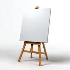 A blank white canvas on a wooden easel against a white backdrop isoleted on white background