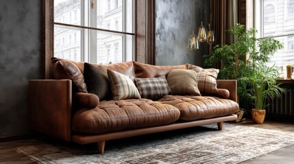 Obraz premium A brown leather sofa sits in a room with large windows and plants. The sofa is adorned with several throw pillows in various textures and patterns. The overall mood is calm and inviting.