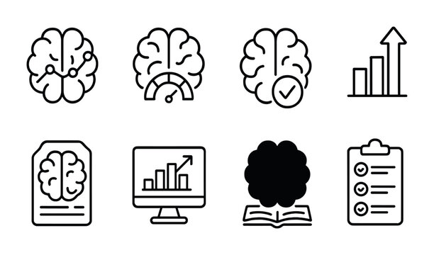 outline vector icons of brain optimization: peak brain, brain chart, speed icon, performance tracker, concentration scale, boost button, sharp mind, habit brain. set of line style icons in a modern,