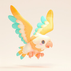 Colorful cartoon bird flying, playful design, white isolated background.