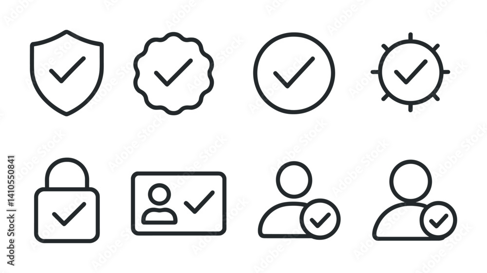 Poster outline vector icons of verification and identity: verified badge, request verification, id check, u