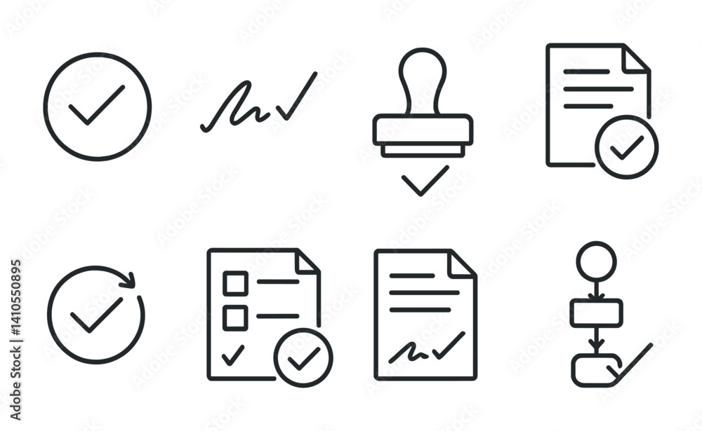 Poster outline vector icons of approval process: approved icon, signature with check, stamped check, docume