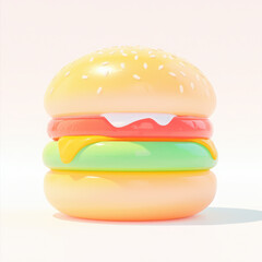 Colorful cartoon burger with layers of cheese, lettuce, and tomato. Isolated on white.